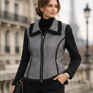 Newport Studio Tweed Fringe Jacket Knit Sleeve Career Chic Medium